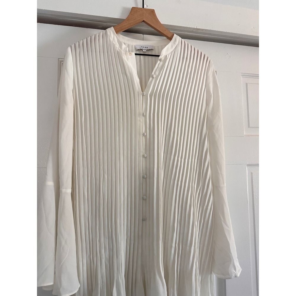 Reiss White Pleated Button Front Mini Dress Bell‎ Sleeve Band Collar Size 4 - Picture 3 of 7